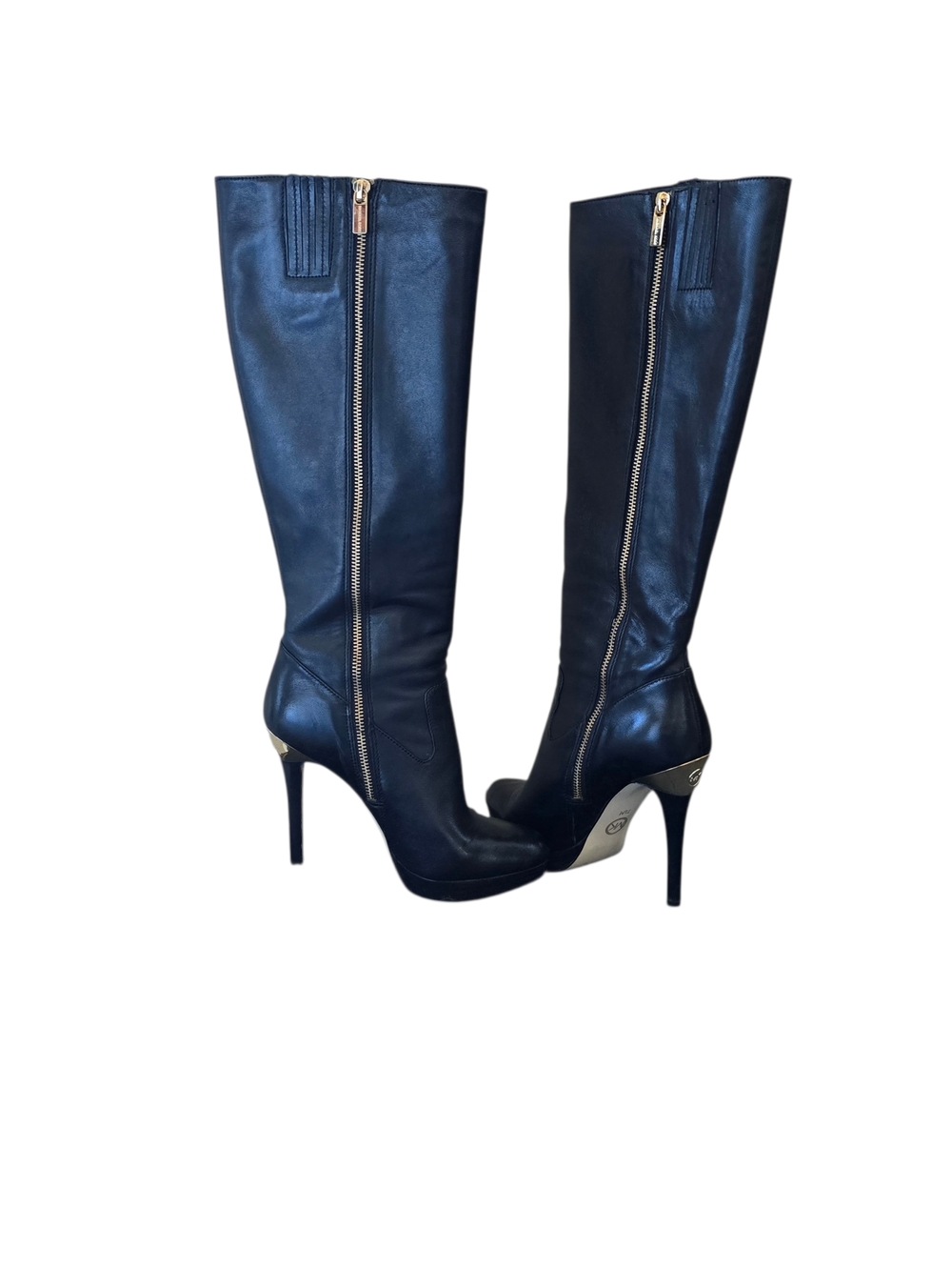 MICHAEL Michael Kors Black Leather Knee-High Stiletto Boots with Gold Zipper
